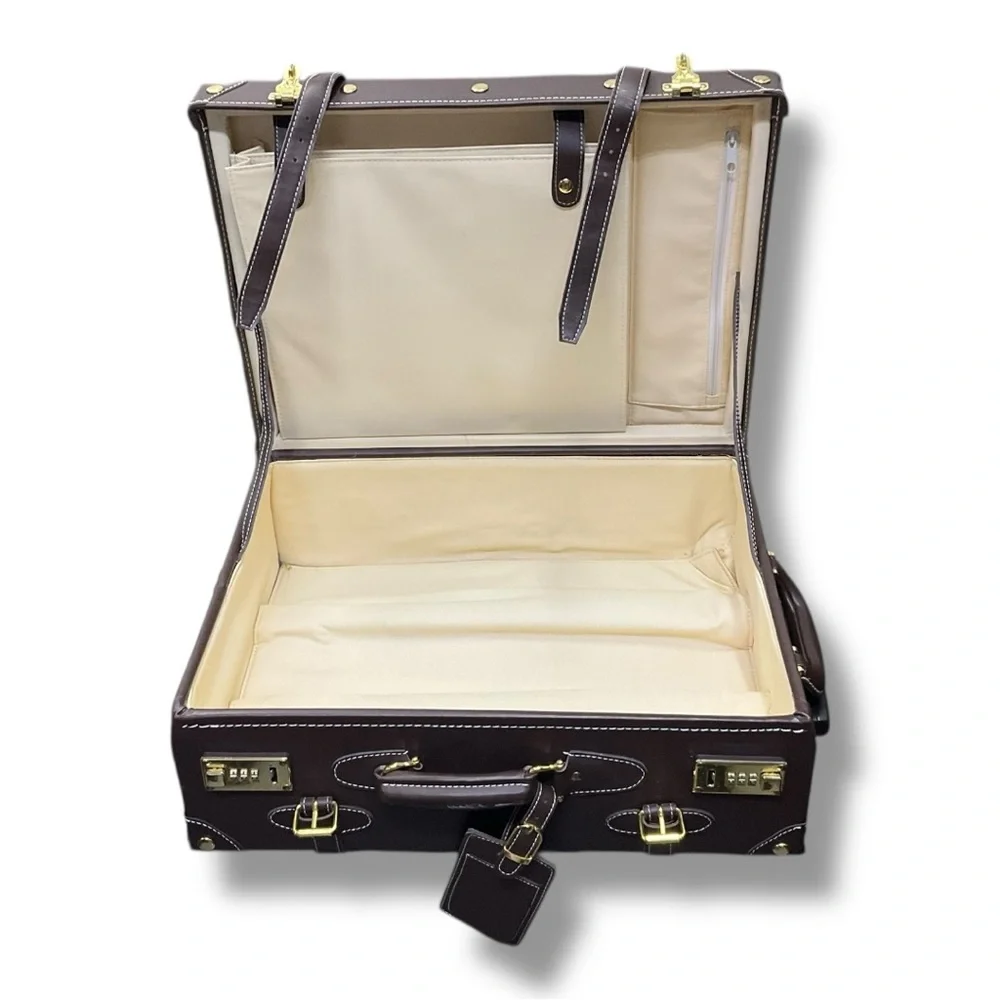 🧳 Vintage-Inspired‎ Faux Leather Trunk Suitcase w/ Wheels & Gold Hardware